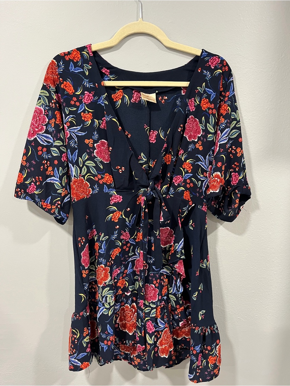 Navy Floral Tie-Front Mini Dress with Fun Floral Print